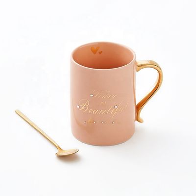 quality Custom 400ml Roze Gift Milk Porseleinen Cup Herbruikbare Koffie Keramische mok met lepel als cadeau Set factory